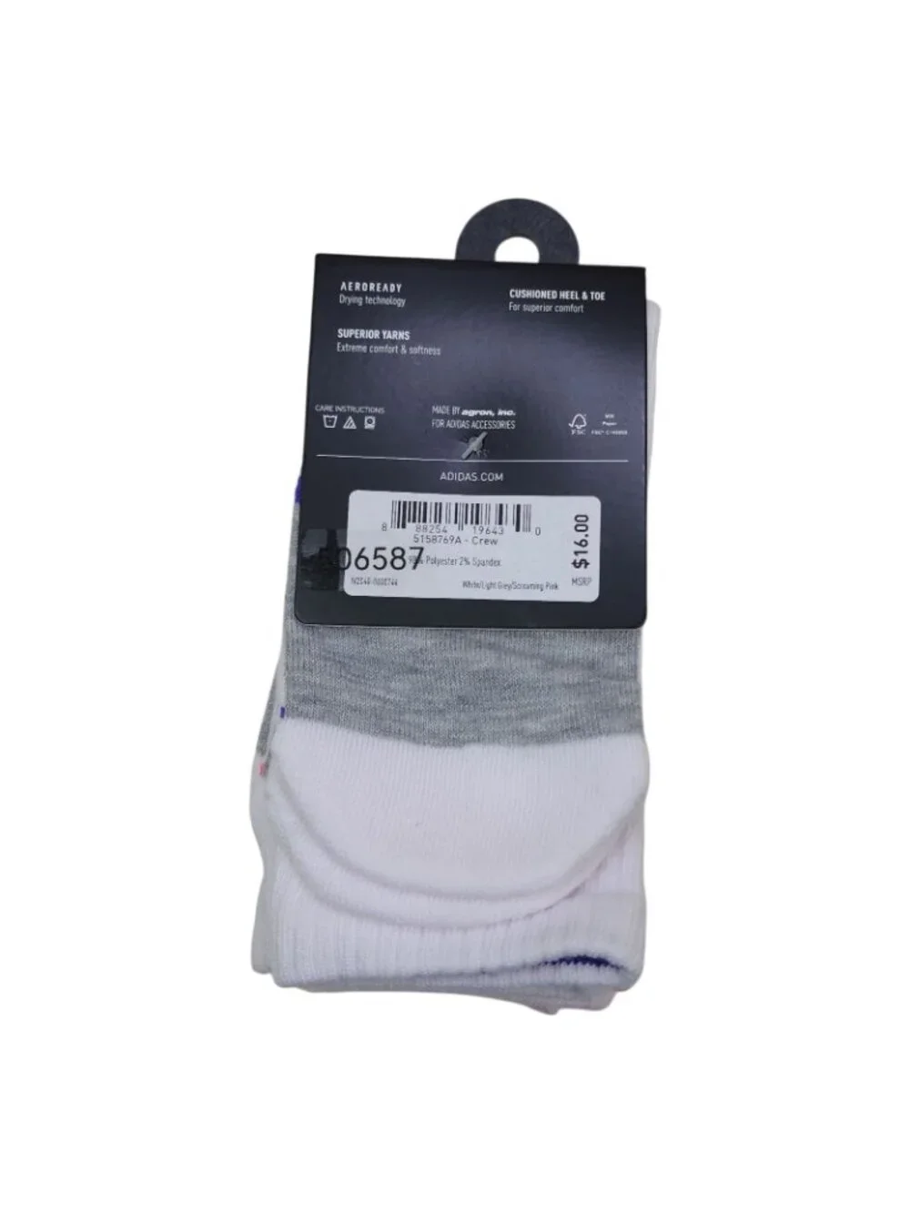 Adidas Womens Cushioned Crew Socks 3-Pack Aeroready White w/Bright Accents